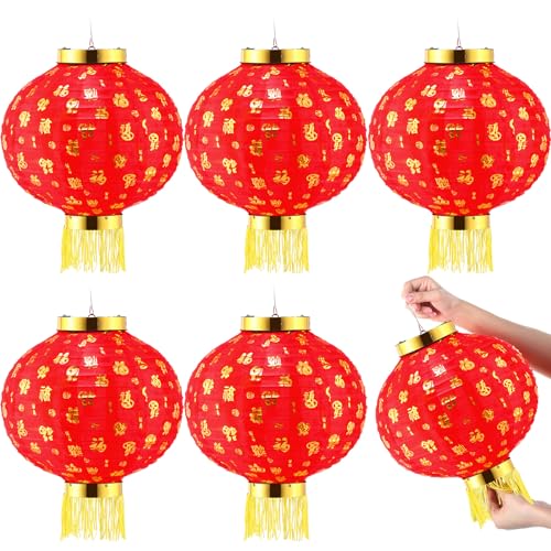 Image of Geelin 6 Pcs Chinese 2026 New Year Lanterns Golden Fu Red Party Lanterns Festival Red Lamp Shade Traditional Hanging Chinese Party Decorations for Spring Festival Celebration(12 Inch)