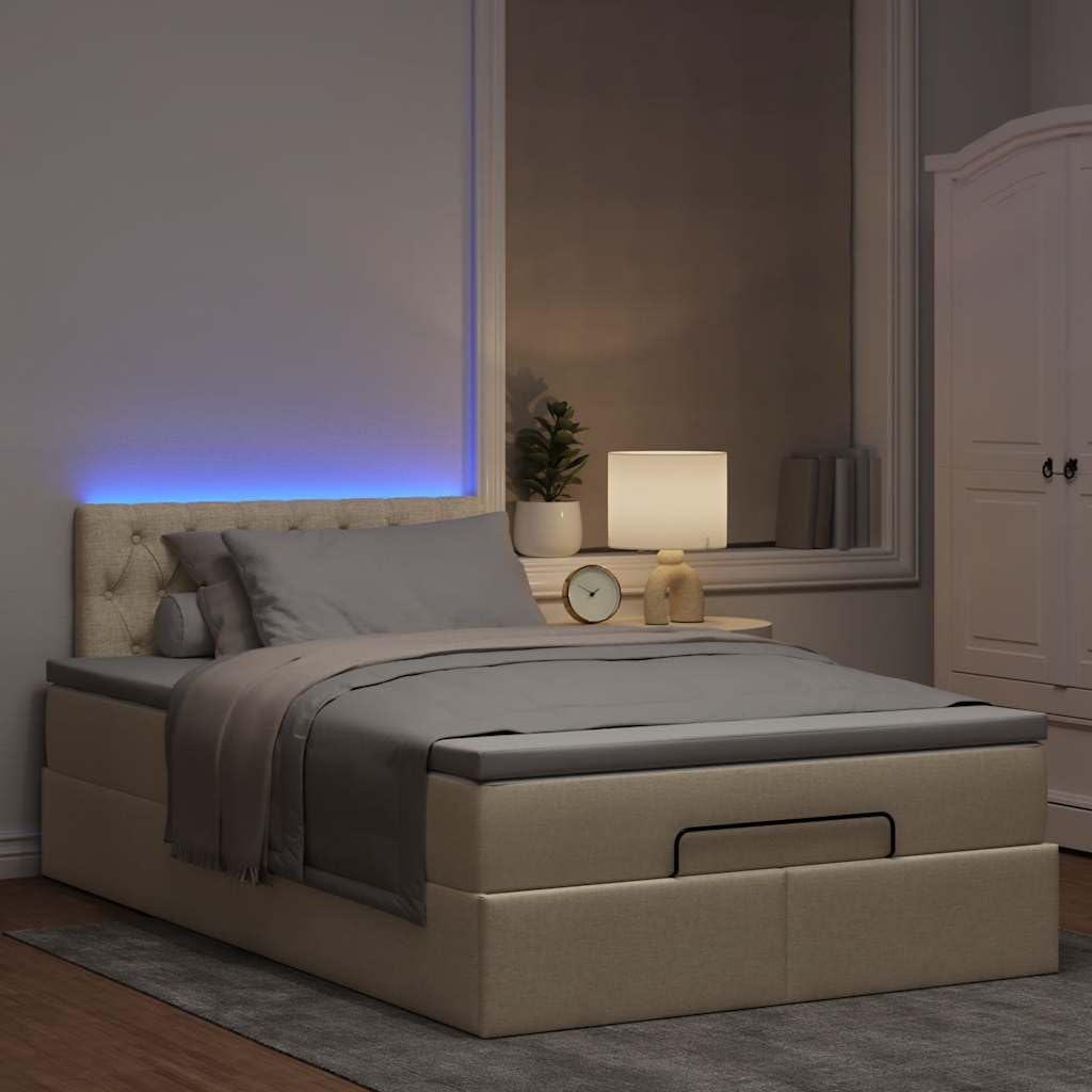 Cama otomana con colchón, 120 x 200 cm, tela crema, LED, gran espacio de almacenamiento, mecanismo de elevación hidráulica para jóvenes y habitaciones de invitados