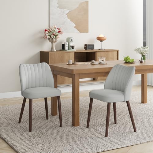 Image of Upholstered Dining Chairs Set of 2, Farmhouse Fabric Kitchen Chairs with Solid Wood Legs, Modern Dining Room Chairs for Restaurant & Cafe, Light Grey