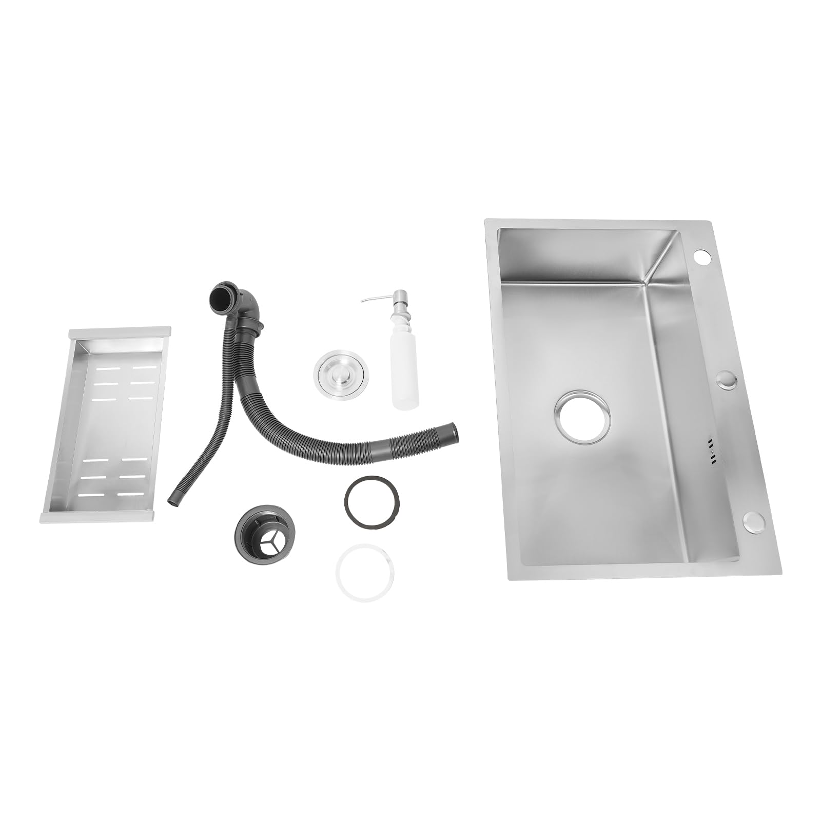 Einschalen Spülbecken Edelstahl +Seifenspender Abtropfkorb Küchenspüle 68 * 45CM mit Abtropffläche, Seifenspender, Unterbau - Silber