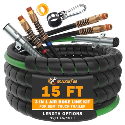 XaXmTee 15 FT Semi Truck Air Lines Kit 3IN1 Trailer Cord and Air Brake Hoses Assembly without Rubber Gladhand Handles for Semi Truck Trailer Tractor
