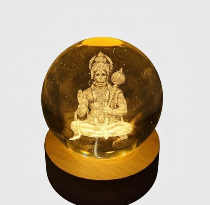 Image of 3D Hanuman Crystal Ball LED Night Lamp, Spiritual Engraved Design with Wooden Base, Decorative Night Light for Home Mandir, Gift (Hanuman)