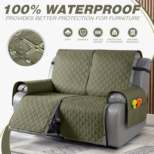 Image of TAOCOCO 100% Waterproof Recliner Covers, Recliner Sofa Covers with Leg Straps, Reversible Recliner Couch Cover for Reclining Chair, Washable Couch Protector for Pets Kids(2 Seater, Gray Green)