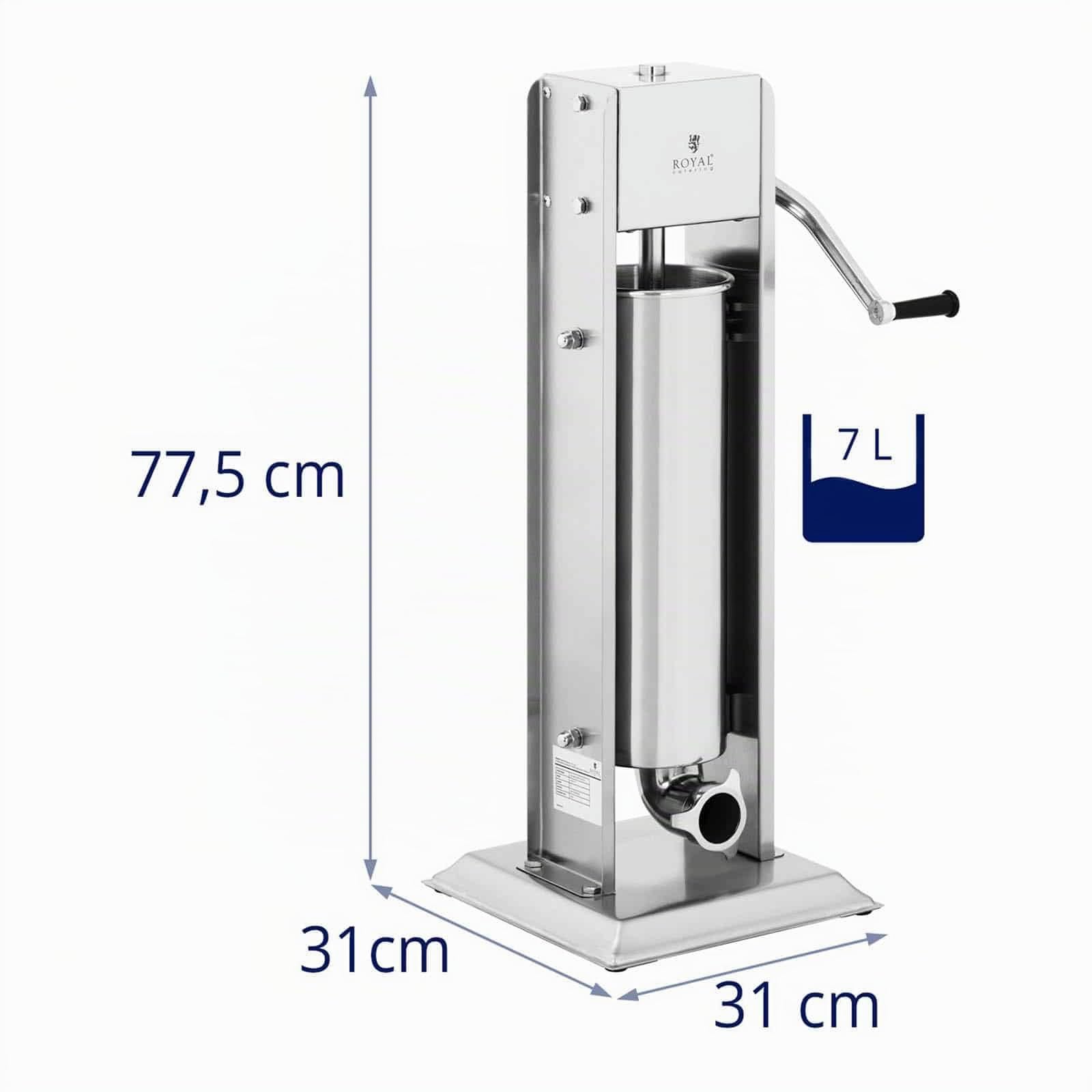 Royal Catering Embutidora Manual Vertical Máquina De Embutira RCWV-7L (Capacidad de llenado: 7 L, Cilindro: Ø 14 cm, Incluye 4 tubos de llenado, 2 velocidades)