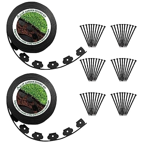 AGTEK 66FT Plastic Landscape Edging Kit 1.5in. Height No-Dig Garden Edging Border Lawn Edging Roll for Flower Bed Lawn Yard, Black, with 60 Anchoring Spikes Cover