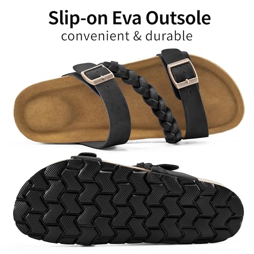 HARENCE Womens Flat Slides Sandals: Comfort Cork Footbed Slip On Slide Shoes Adjustable Buckle Open Toe Summer Outdoor Beach Sandal4