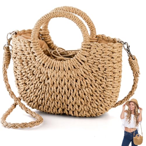 Noamus Bolsa feminina de palha, mini bolsa de verão de vime, bolsa clutch semicircular, bolsa feita à mão, pequena bolsa transversal de crochê com alça superior para viagens de férias, Marrom