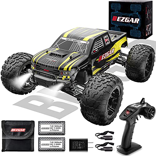BEZGAR 1 Hobby Grade 1:10 Scale Remote Control Truck, 4WD High Speed 40+ kmh All Terrains Electric Toy Off Road RC Monster Vehicle Car Crawler with 2 Rechargeable Batteries for Boys Kids and Adults
