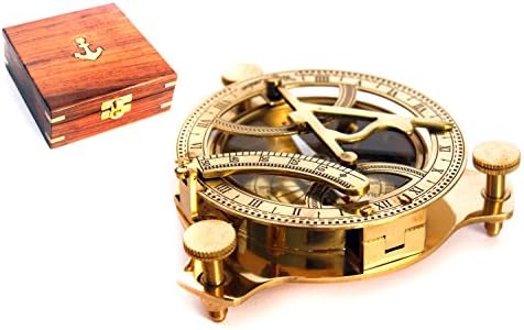WinnerBrown Nautical Collection Brass Sun Dial Compass W/ Wood Box, 5 Inch