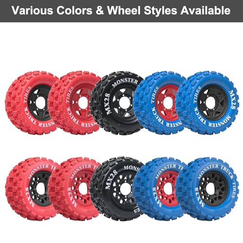 LRFHL MX28 F/R 2.8" RC Tire and Wheels with 12mm/14mm Hex Adapter, 1/10 RC Monster Truck Tires Compatible with Traxxas Stampede Rustler Redcat Arrma Vorteks Big Rock Granite (4PCS, Blue)