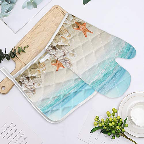 Sandy Beach Set Of Oven Mitt And Pot Holde Starfish Seashell Theme Oven Gloves Heat Resistance Non-Slip Surface For Kitchen Bbq Cooking Baking Grilling #TOP2