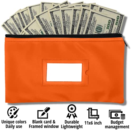Money Bank Deposit Bag With Zipper | 11X6 Inch | Orange | Durable Leatherette Money Cash Coin Check Wallet Pouch For Men & Women With Framed Id Window And Blank Card | By Gidabrand (1) #TOP1