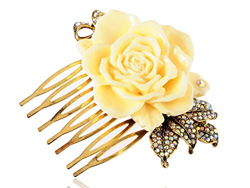 Alilang Gold Tone Sculpted Yellow Enamel Flower Rainbow Rhinestones Bow Leaves Hair Pin Clip Comb