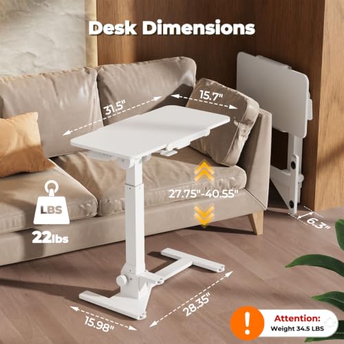 Image of JOY worker Foldable Overbed Bedside Table, 180 Tiltable Mobile Standing Desk with Wheels, 31.5 inch Pneumatic Height Adjustable Rolling Laptop Desk for Home & Hospital Use, Easy Storage, White