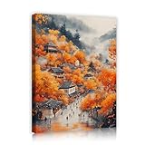 オリエンタルスタイルキャンバスウォールアートプリント秋の森山霧小さな町の壁アート絵画リビングルーム寝室ダイニングルームオフィス50x65cmインナーフレーム