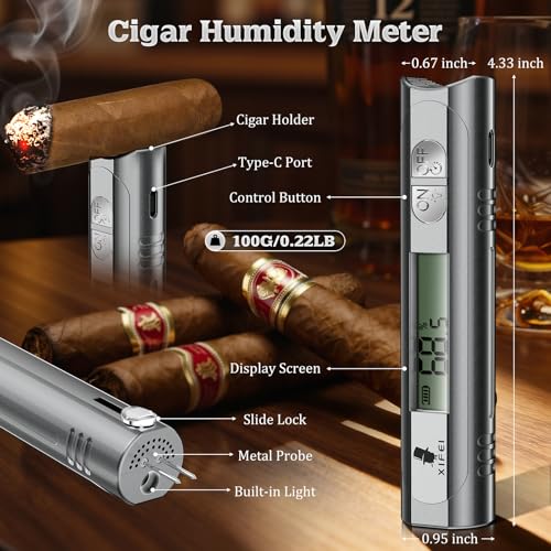 XIFEI Digital Cigar Hygrometer, Portable Cigar Humidity Meter with LCD Display, Built-in Stand & Stopwatch, Accurate Moisture Tester for Humidor, Ideal Gift for Cigar Enthusiasts (Gray)