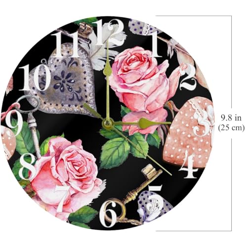 Horloge murale ronde à quartz silencieuse rose à pile décorative - 5