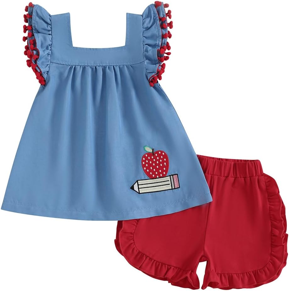 Pudcoco Kids Toddler Girls Back to School Outfit First Day of School Apple Pencil Embroidery Top + Ruffle Shorts Clothes Set