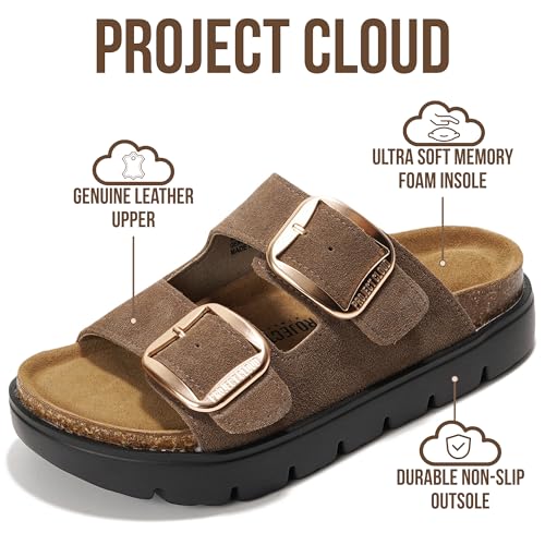 Image of Project Cloud 100% Genuine Leather Platform Sandals Women Footwear - Wedge Chunky Slides for Women 2026 with Memory Foam Insole & Cork Footbed Womens Sandals (GreeceChunky)
