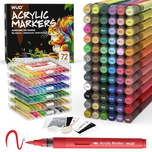 Image of WUO 72 Colors Acrylic Paint Markers Brush Tip with Automatic Ink Control
