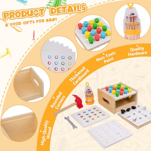 Image of Adena Montessori 2 in 1 Montessori Screwdriver Board Set & Hammer Peg Toy Game Wooden Tool Set for Kids 3 4 5 Year Old