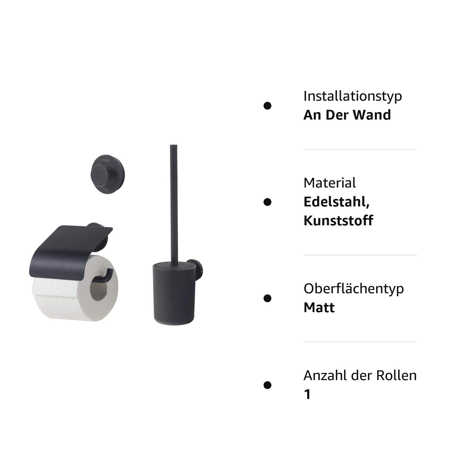 Tiger Urban Badaccessoire-Set, 3-teilig, bestehend aus Toilettenpapierhalter mit Deckel zur Wandmontage, Haken und WC-Bürste, mit austauschbaren Dekor-Ringen zur individuellen Gestaltung, Schwarz