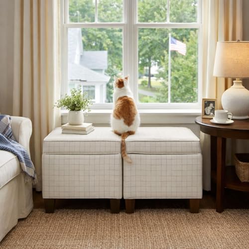 Image of Homepop Home Decor | K7342-F2236 | Classic Square Storage Ottoman with Lift Off Lid | Ottoman with Storage for Living Room & Bedroom, Natural Windowpane Large