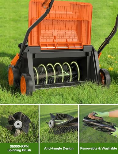 Image of Aspiron Artificial Grass Sweeper, 16-Inch 2000W Electric Power Broom for Artificial Turf, Lawn Sweeper with 55L Removable Collection Bag, 5-Position Height Adjustment, Foldable, Orange