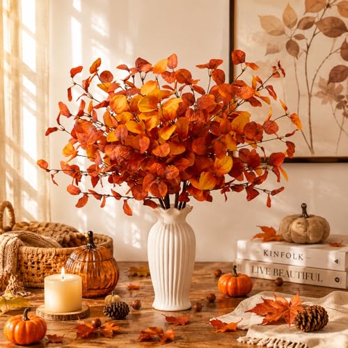 NUKAYAI 6 Pcs Fall Ecualyptus Stems Fall Florals Eucalyptus Foliage Stems 24 Artifical Fall Leaves Floral Fake Branches Plants Flowers for Vase Home Party Office Thanksgiving Wedding Decoration