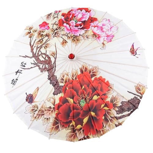 Sombrilla china de seda de 82 cm con estampado de peonías para danza y eventos