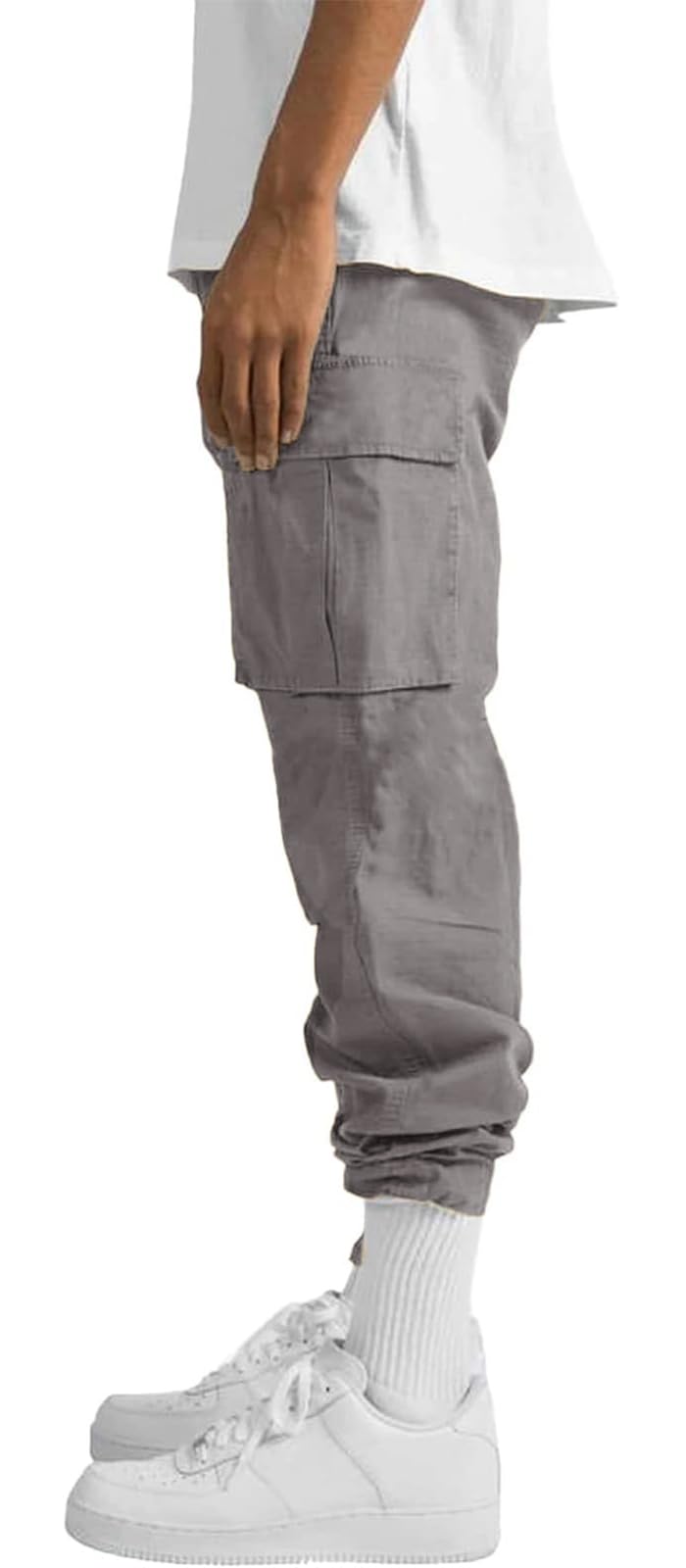 HUNGSON Mens Cargo Pants Drawstring Casual Hiking Pants Joggers Athletic Trousers Cotton Loose Straight Sweatpants for Men Grey