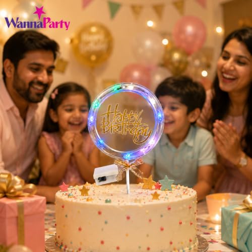 Image of Wanna Party Happy Birthday LED Cake Topper, Transparent Round Cake Decoration with Gold Text, Built-In Light String & Bow for Birthday Party, Cakes,...