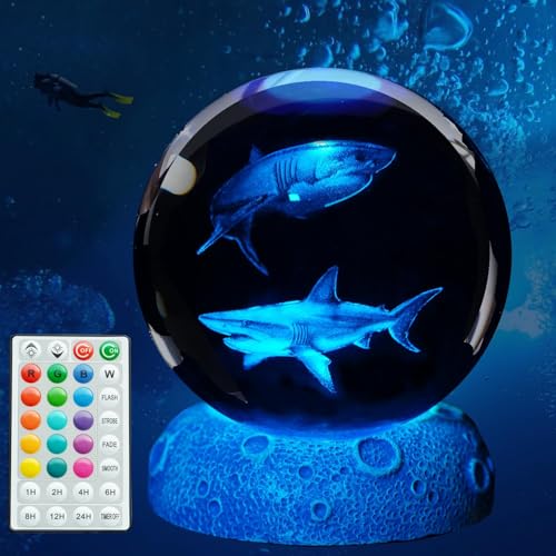 POSSHE Shark Night Light 3D Crystal Ball Shark Lamp Underwater Gifts with 16 Color Remote Upgraded 3.15 Inch Ball for Room Decor Boys Girls Birthday Xmas Cool Figurines Gifts