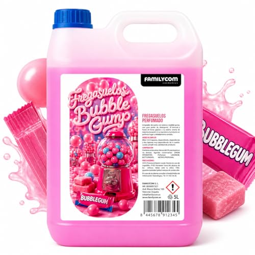 FAMILYCOM Fregasuelos Concentrado Perfumado Duradero Aroma Chicle Bubble Gum - Limpieza, Brillo e Higiene - Limpiasuelos pH Neutro para Todo Tipo de Suelos y Superficies Delicadas - 5 Litros