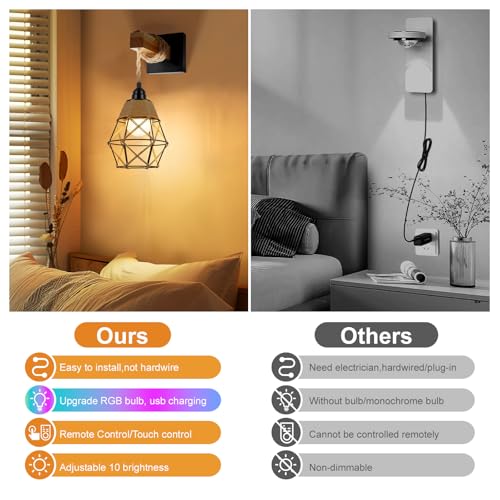 Image of FRIDEKO HOME Farmhouse Rustic Wall Sconces, Battery Operated Set of Two, Rattan Dimmable Wireless Rechargeable Wall Lamp with RGB 12 Colors & 3 Timer, Boho Lighting for Bedroom, Black
