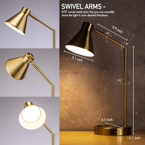 Image of O'Bright Astrum - LED Desk Lamp with Dual USB Charging Ports, 100% Metal, 270 Degree Swivel Arms, Soft White Light (3000K), Bedside & Home Office Table Lamp, ETL Listed, Antique Brass Finish