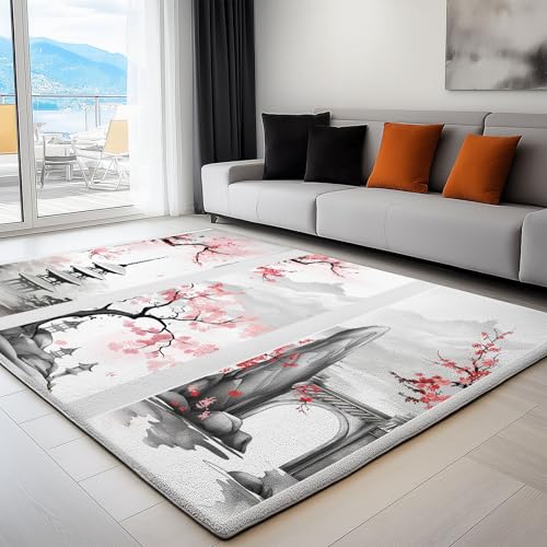 Gris Alfombra Lavable a máquina 80 x 150 cm, Flores De Pagoda Pintadas Tinta Al Estilo JaponésAlfombra antideslizante resistente a las manchas, para salón, dormitorio, oficina y decoración del hoga