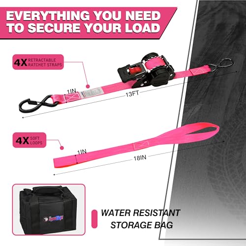 Image of Retractable Ratchet Straps 1 inch x 13Ft, Heavy Duty Self Retracting Tie Down Straps, 1800lb Break Strength Auto Retract Cargo Straps for Truck, Trailer, Motorcycle, ATV, UTV, (Pink, 4 Pack)