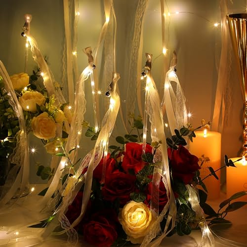 Unittype Wedding Wands Ribbon Streamers with Bells LED Fairy Light up Silk Fairy Wand Glow in The Dark Flashing Lace Stick for Wedding Birthday Party Favors (Ivory & Warm White LED,24 Pieces)