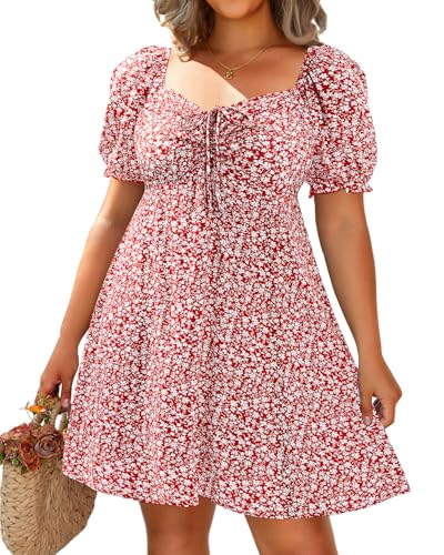 Image of Pinup Fashion Women Plus Size Casual Puff Sleeve Summer Sundress Smocked Short A Line Babydoll Cute Mini Dresses