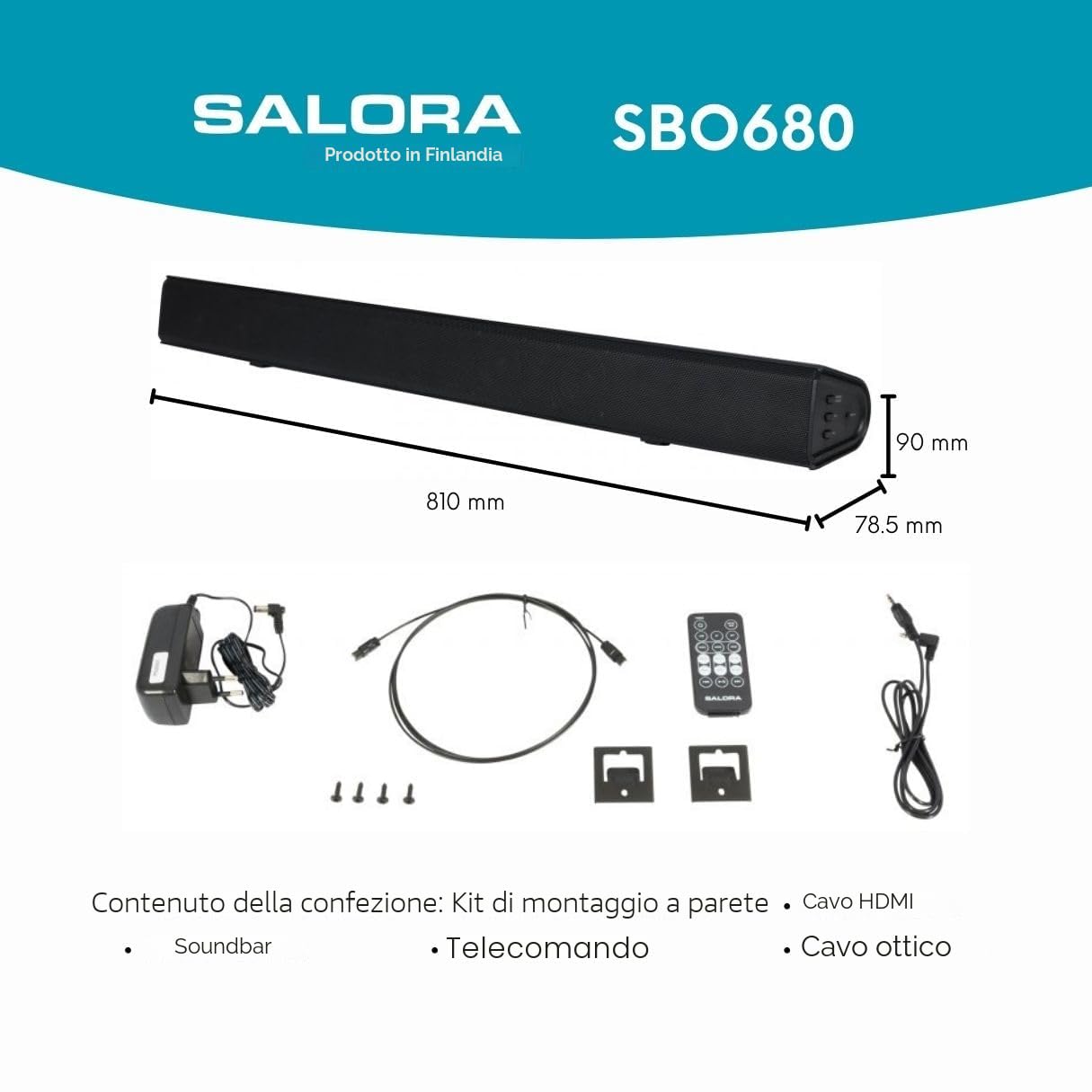 SALORA SBO680 Soundbar TV Bluetooth, Barra Del subwoofer, Teatro Domestico Altoparlanti, Bassi Profondi, Effetto Surround per TV dolby surround wireless, HDMI, AUX, home theater
