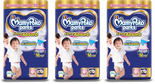 Image of MamyPoko Pants Extra Absorb Baby Diapers, Extra Extra Large (XXL Size) | 15-25 kg | 34 Count |Deep Sleep Diapers| Soft Gentle fit |Deep Absorbent Crisscross | Skin Friendly with Coconut Oil |