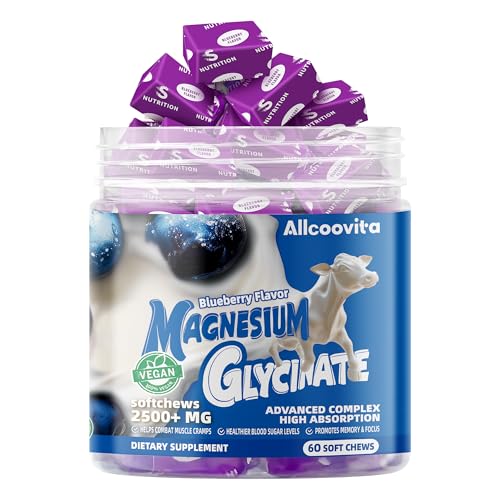 Image of Magnesium Glycinate Soft Chews, Blueberry Flavor.Chewable Sugar Free Potassium Magnesium Chews with Magnesium Glycinate, Vitamin D, B6, and CoQ10 for Calm Support & Sleep for Adults, 60 Days Supply