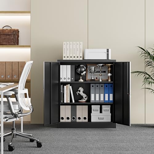Image of Yizosh Metal Garage Storage Cabinet with 2 Doors and 2 Adjustable Shelves - 35.5 inch Steel Lockable File Counter Cabinet for Home Office,Garage,Gym,School(Black) (Pack of 2)