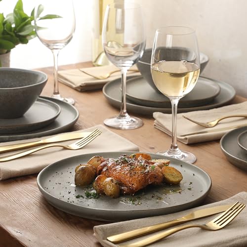 Image of Gibson Elite Coastal Forest Plates and Bowls Sets, 12-Piece Stoneware Dinnerware Sets, Triple Reactive Glaze Dish Set - Slate Grey