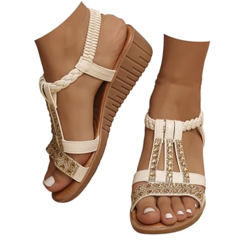 Open Toe T Bar Sling Back Elastic Bohemian Rhinestone Sandals Wedge Sandal Crystal Rhinestone Pearl Sandals (Beige,23.5 cm) [���s�A