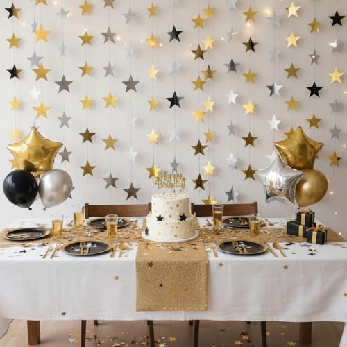 Image of Patelai Glitter Star Garland Banner 2026 Party Decoration Double Side Star Hanging String Streamer Paper Twinkle for Graduation Wedding Birthday(Gold and Silver,130 Feet)