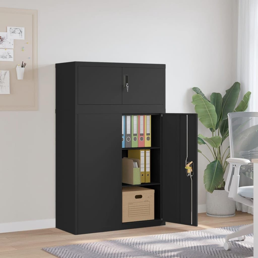 Armadio Classificatore Nero in Acciaio Verniciato a Polvere 90x40x145 cm con Serratura e 2 Ripiani Regolabili per Archivio Documenti Ufficio Organizzazione
