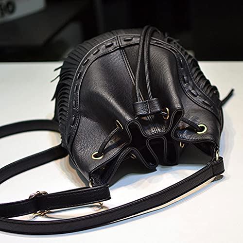 Women Small Fringed Faux Leather Crossbody Bag Drawstring Shoulder Bag Boho Bucket Bag4