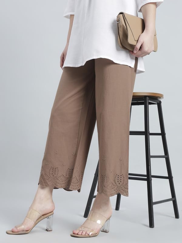 Image of GO COLORS Women's Cotton Hakoba Palazzo | Ankle Length, Schiffli Embroidery, Relaxed Fit, Mid-Rise with Side Pocket